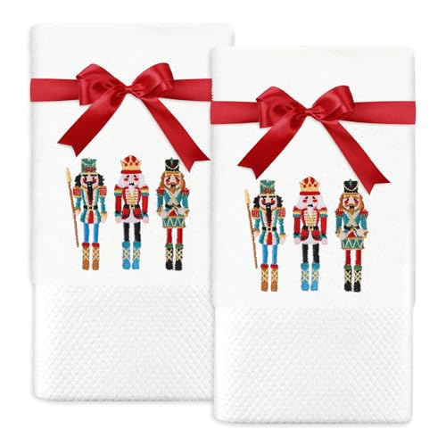 JarThenaAMCS 2 Pack Christmas Hand Towel Cotton Embroidered Nutcracker Bathroom Towel White Dish Towels with Red Ribbon for Xmas Winter Hand Drying Cleaning Cooking, 29.5 x 13.7 Inch