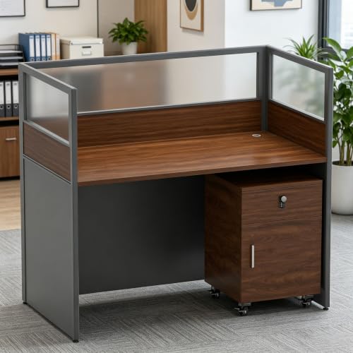 1 person Office Cubicle Desk w/Mute Privacypanels & Cabinet,Darkwalnut