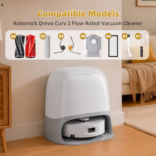 Image of 24 Pack Replacement Accessories for Roborock Qrevo Curv 2 Flow Robot Vacuum | 2 Pairs Main Brushes 2 Roller Mops 4 HEPA Filters 6 Side Brushes 6 Dust Bags 1 Cleaning Brush 1 Screwdriver