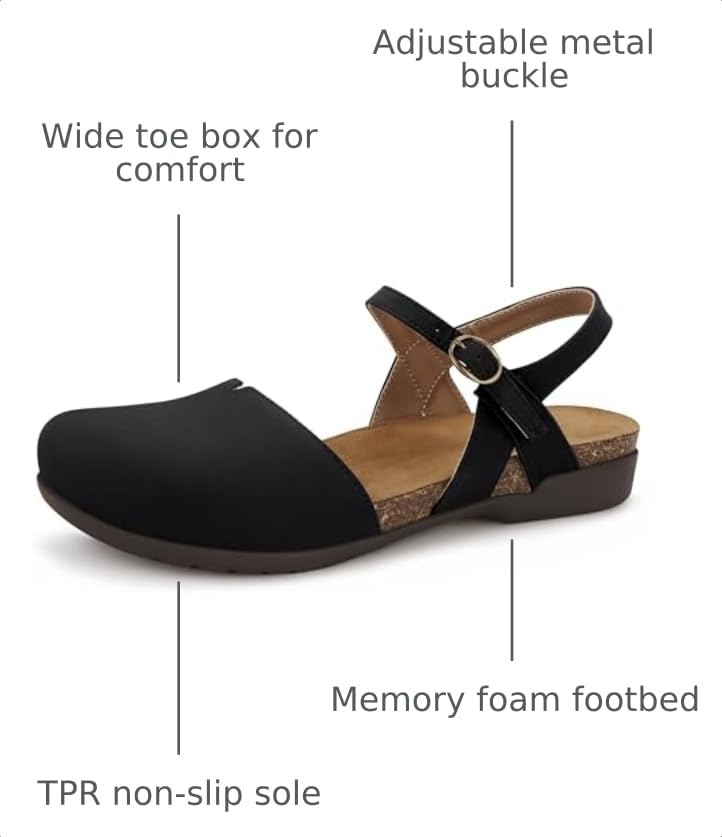 Image of PARTY Closed Toe Sandals Women, Barefoot Arch Support Flat Sandals for Office Work and Travel with Comfortable Cork Footbed