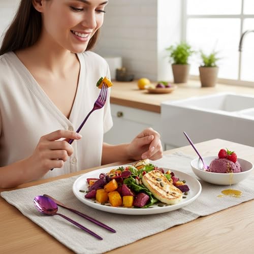 Image of 12 Pcs Pink Slim Handle Stainless Steel Cutlery Set for Dining Table with Spoons and Forks Set + Butterknives - The Perfect Tableware /Flatware