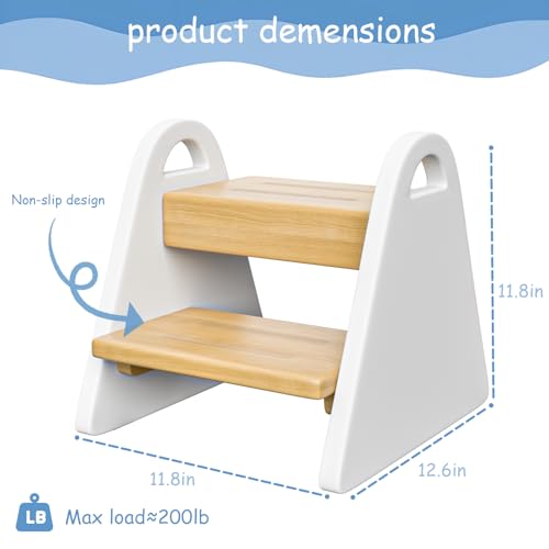 Toddler Step Stool, Wooden Step Stools for Kids, Kids Potty Training Stool with Handles, Rounded Corners Child Stepping Stool for Bathroom Sink, Kitchen, Bedroom (White) - Image 3