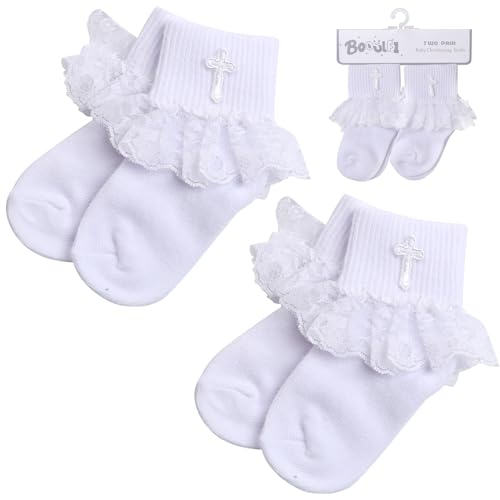 Booulfi Baby Socks 0-6 Months 2 Pair Lace Ruffle Socks for Girls New Born Baby girl Ruffle Socks with Cross Embroidery for Baptism Christening,Baby Essentials