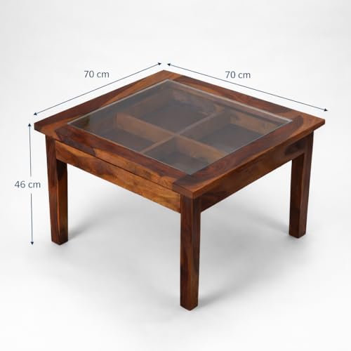 Image of Solid Sheesham Wood Coffee Table for Living Room | Center Table with Clear Glass Top and Large Storage Drawer | Premium Wooden Teapoy | Honey Finish | Fully Assembled | (70 x 70 x 46 CM)