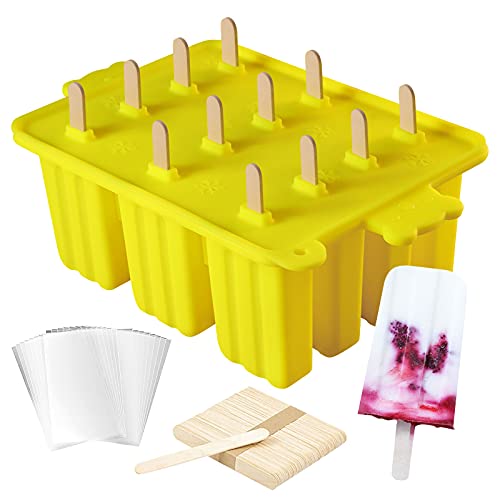 Popsicle Molds,12 Cavity Silicone Popsicle Molds Ice Cream Mold,Homemade Popsicle Mold Ice Pop Molds for Kids with Popsicle Sticks and Popsicle Bags(yellow)