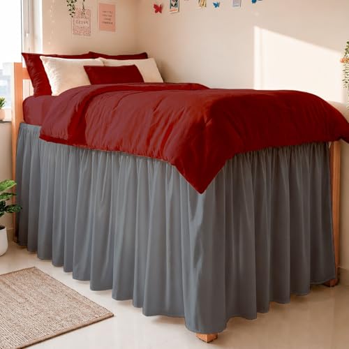 Cottington Lane Ruffled Dorm Bed Skirt Twin XL 36 Inch Drop, 100% Microfiber Twin Extra Long Dorm Bedding Wrap Around Elastic Dust Ruffle, Dark Grey