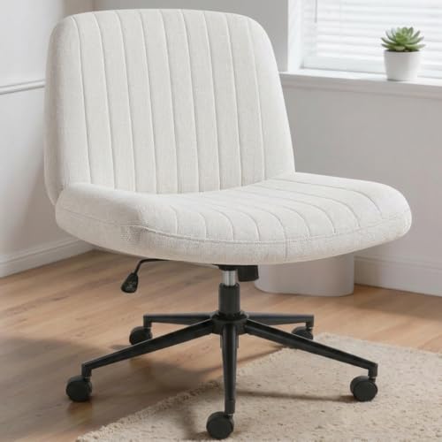Image of Shintenchi Criss Cross Chair,Cross Legged Office Seat with Wheels Armless Swivel Vanity Chair,Height Adjustable Wide Computer Task Seating for Home Office,Beige