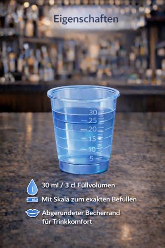 buxmed 320x Shotbecher (je 80 Stück blau, grün, rot, gelb) 3 cl mit Skala – Schnapsgläser Plastik, Shotgläser, Pinnchen, Becher für Shots, BPA frei, stapelbar, Party Zubehör & Dosierbecher