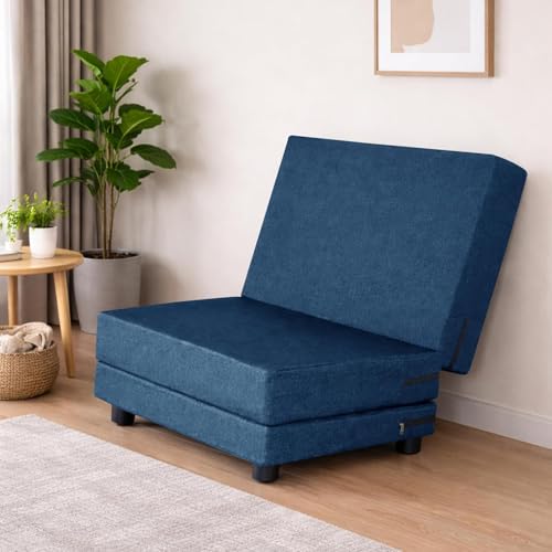 Image of Leg Sofa Cum Bed Single Seater | Foldable Floor Sofa Bed with Jute Fabric | Space Saving Convertible with Sturdy Legs for Living Room & Guest Room - (Blue Color - Pre-Assembled)