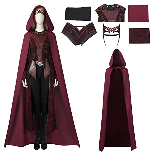 SINSEN Disfraz de bruja escarlata para mujer, disfraz de Wanda Maximoff para cosplay, con capucha, capa, chaqueta, pantalones, traje para la cabeza, fiesta de Halloween, conjunto completo (XL)