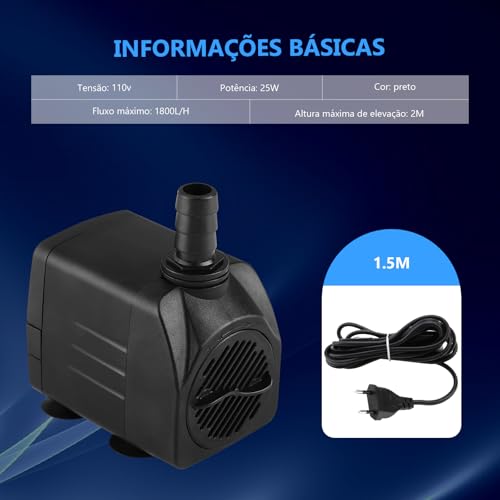 LuxLam Bomba Submersa Bombinha Motor Para Aquário Fonte Água Bebedouro Pet 3 Bocais, 1800 L/H, 110V