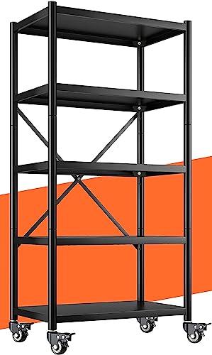 Reibii Storage Shelves For Storage With Wheels 5 Tier Heavy Duty Metal Shelving Unit 1156Lbs Adjustable Shelving Units And Storage Rack Kitchen Garage Shelf 65.4" H*31.5" W*15.7" D #TOP24
