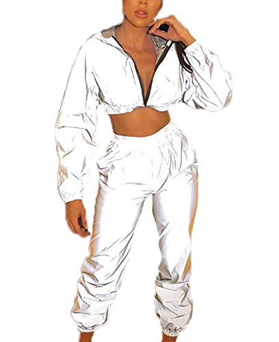 Ropa Luminosa Reflectante Abrigo y pantalón con Capucha Reflectante para Mujer Conjunto de 2 Piezas, Ropa Reflectante para Discoteca