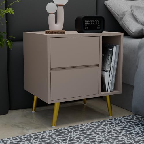 Image of Wooden Bedside Table for Bedroom | Bedside Nightstand with 2 Drawers & Open Shelf | Premium HDMR Wood with Iron Legs, Light Beige