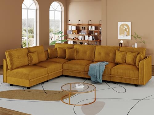 Image of LLappuil Corduroy Modular Sofa Set, 6-Seater Reversible L-Shaped Sectional Couch with Storage, Soft Fabric for Cozy Living Room, Apartment, Included Back Cushions & Throw Pillows, Yellow