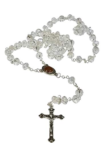 Bethlehem Gifts TM Holy Land Rosary Jerusalem Soil Bethlehem Olive Wood Jordan River Water Silver Crucifix (Clear Glass Rosary)