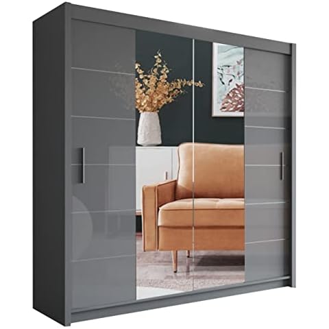 MN Furniture Modern Double Sliding Door Wardrobe 2 Mirrored Hanging Rails & Shelves Storage Cabinet for Bedroom (180cm, Lisbon Grey) Cover