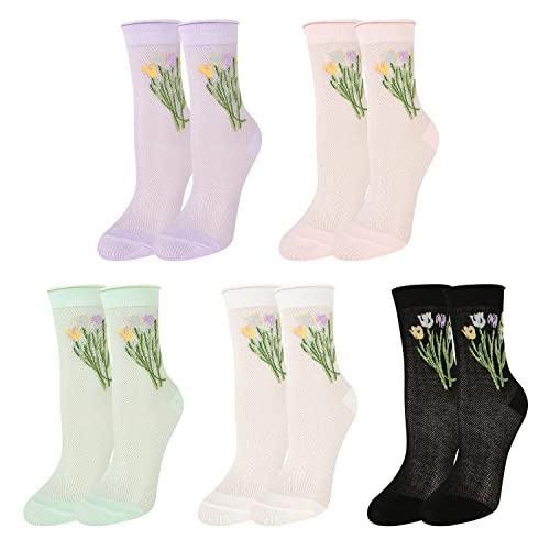 Womens Ruffle Socks Lace Mesh Socks Girls Pretty Frilly Cotton Crew Socks Novelty Elegant Fancy Dress Socks Colorful Floral Patterned Turn Cuff Lettuce Trim High Ankle Socks, 5 Pack-Tulip Flowers #TOP7