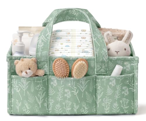 Image of Corduroy Baby Diaper Caddy Organizer with Handles, Nursery Storage Basket