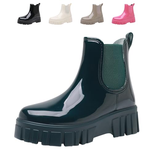 DRECAGE Wellies Women Waterproof Wellington Boots Short Chelsea Ladies Welly Comfy Ankle Rain Boots Outdoors Walking Green 6 UK