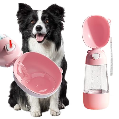WANHIJO Portable Dog Water Bottle, 380ml, Food Grade Plastic, Leak Proof Portable Puppy Water Dispenser with Drinking Feeder for Pets Outdoor Walking, Travel, Hiking (Pink, Small)
