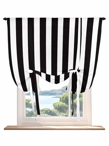 Litter Star Tie Up Curtain for Windows, Black and White Stripes Balloon Rod Pocket Curtains Adjustable Tie-up Shade Valance for Kitchen, Modern Geometric Art Window Treatment 1 Panel 36x45in