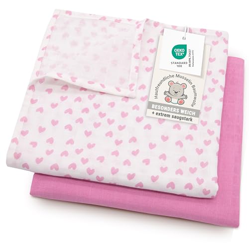 ZOLLNER 2er Set Musselin Spucktücher in 120x120 cm aus Baumwolle - weiche und hautfreundliche Mulltücher in rosa - mit Geschenkbox - waschbar bis 60°C - Oeko Tex® Zertifiziert