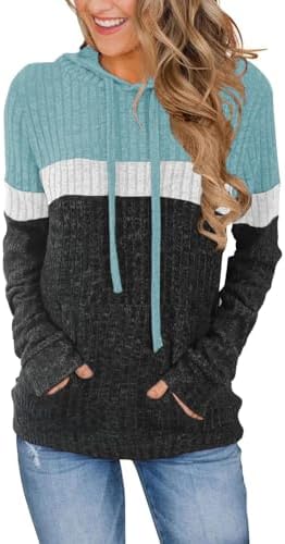 Cuptacc Hoodie Damen Farbblock Casual Locker Pullover Elegant Herbst | mit Taschen,Rippstrick,Kapuze mit Kordelzug,Mehrfarbig,weicher,Bequem,Alltag,Lässig,Mode,Festlicher