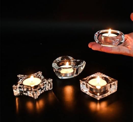 4 Pcs Clear Glass Tealight Candle Holders, Assorted Shapes, Fits Tea Lights With Diameter Up to 4cm, Perfect for Home Decor, Wedding, Party & Table Centerpieces (Square Shape)