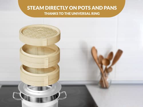 Bella Cooks Bamboo Steamer For Cooking - Steamer Basket With A Ring - Fits Every Pan & Pot - Dumpling Steamer - Incl. Extra Chopsticks & Silicone Liners #TOP2