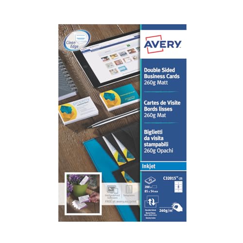 Avery Double-Sided Matt Business Cards for Inkjet Printers – 85 x 54 mm, 260gsm, Pack of 200, C32015-25