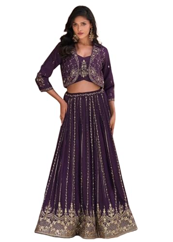 Lehenga 10990 femme en soie véritable Chinon brodé devant derrière pour fête