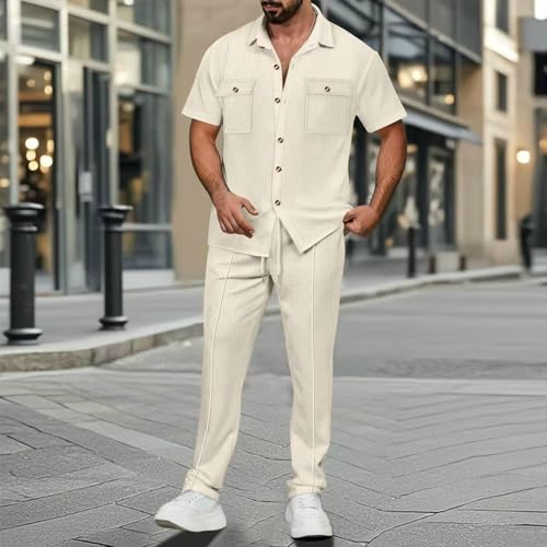 Sinzelimin Mens Casual 2 Piece Set Fashion Short Sleeves Lapel Button Henley Shirts Tops and Lace up Elastic Waist Pants Suit2