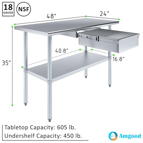 Image of AmGood Stainless Steel Table with Drawer | Commercial & Residential Kitchen Laundry Garage Utility Bench | NSF Metal Prep Table (Stainless Steel Table + Drawer, 48 inch Long x 24 inch Deep)