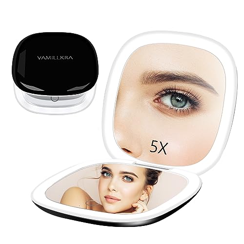 Vamillkra LED Lighted Travel Mirror, 1X/5X Magnifying Mirror with Light, 4 Inch Rechargeable Compact Makeup Mirror, 3 Colors Dimmable Light Up Portable Pocket Mirror for Handbag (Black)