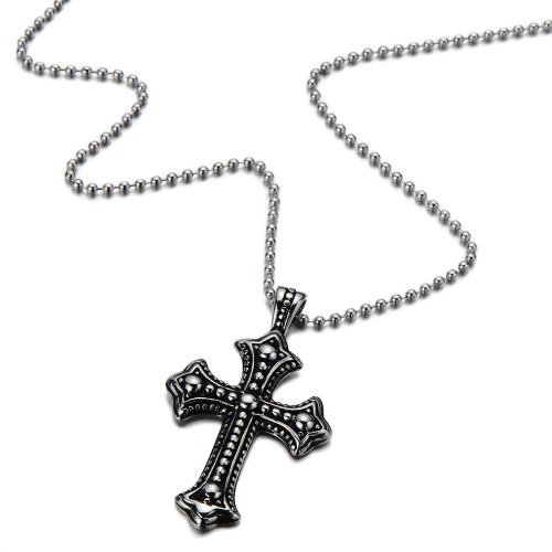 COOLSTEELANDBEYOND Gothic Vintage Cross Pendant Necklace Stainless Steel Unisex Silver Black Two-tone 23.6 in Ball Chain2
