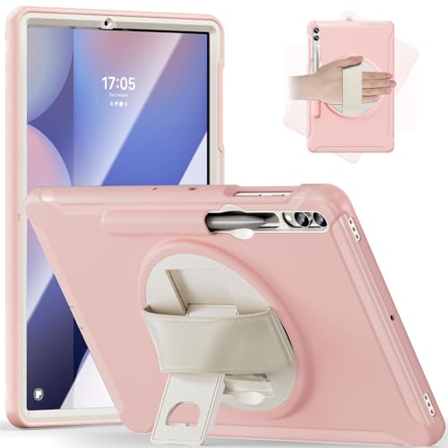 Junfire Case for Samsung Galaxy Tab S10+/S8+/S7 FE 12.4 Inch, Shockproof Kids Protective Case with Screen Protector Rotating Stand Hand Strap Pen Holder for S10 Plus/S9 FE Plus Tablet-Pink