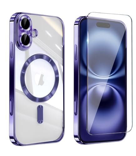 Image of Magnetic Glossy Case for iPhone 17,iPhone17 Phone Case Slim Clear Luxury with Screen Protector & Camera Protector [Compatible with MagSafe], Shockproof Cover for iPhone Case 17-Purple
