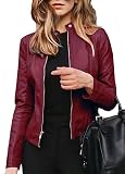HanzhuoLG Damen Straße Trendige Lederjacke Herbst Winter Voller Reißverschluss Stehkragen Schlanke Kunstlederjacke Mantel Weinrot XXL