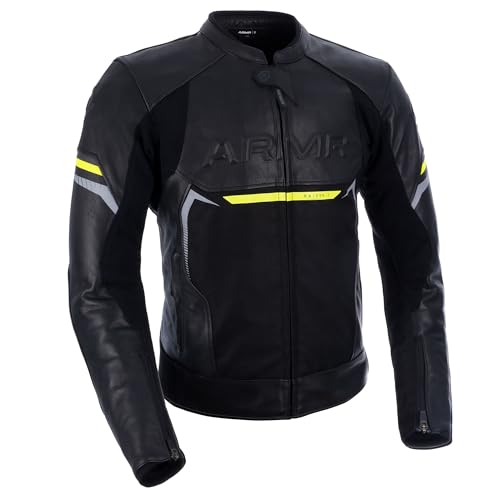 Image of ARMR Men's Raiden 3.0 Leather Motorcycle Jacket, Black/Fluo Yellow, XL