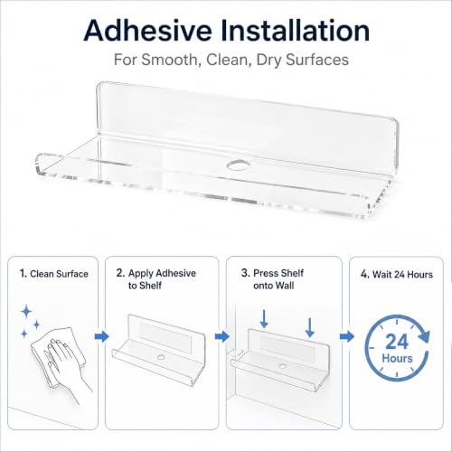 Image of Clear Acrylic Floating Shelves, No Drill Adhesive Wall Shelves, 4 Pack | Clear Acrylic Design; 4 Pack Wall Shelves; Adhesive Mount Only; No Drill Installation; 12 lb Max Load
