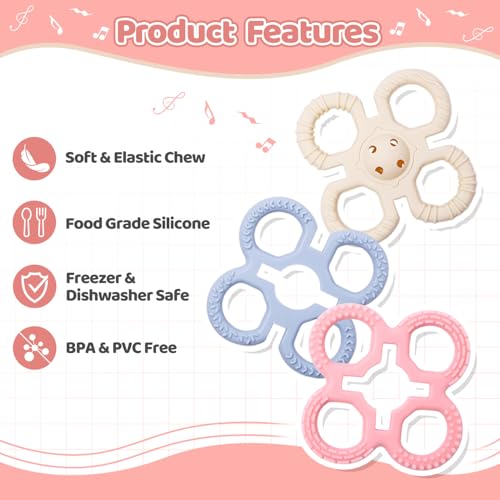 Image of Baby Teething Toys 3 in 1 Silicone Teethers - BPA Free Food Grade Silicone Teething Ring Rattle Toys for Babies 3-6 Months 6-12 Months, Soft & Easy Hold, Baby Chew Toy for Toddlers (Pink)