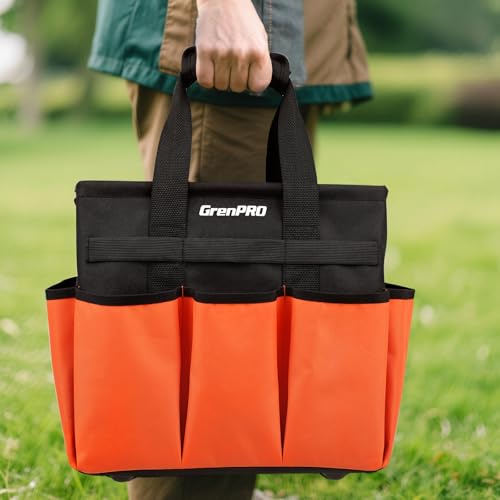 GRENPRO Garden Tool Bag Organizer, Heavy Duty Gardening Tote Toolbox with 10 Pockets, Adjustable Shoulder Strap, Standable & Foldable for Tool Storage, Home Garden Kit, Orange (Tools Not Included) - Thumbnail 6