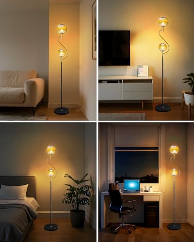 Image of Lightdot Gold & Black Floor Lamp, Mid Century Standing Lamps with Globe Teaed-Strip Glass Shade& Warm White Bulbs Included, Modern Tall Floor Lamp for Living Room /Bedroom /Sofa Beside /Corner Decor