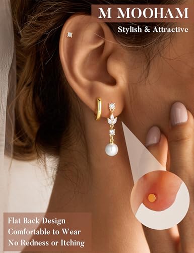 M MOOHAM Pearl Earrings for Women, 14K Gold Plated Pearl Drop Earrings | Hypoallergenic Pearl Dangle Earrings Set, Dainty Flat Back Stud Earring Stack, Bridal Shower Gifts, Wedding Jewelry — view 2