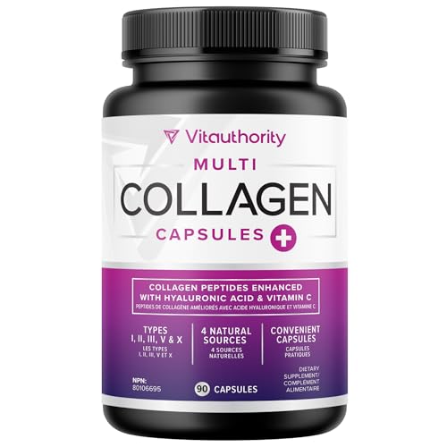 Multi Collagen Pills with Hyaluronic Acid & Vitamin C: 5 Type Hydrolyzed Collagen Protein Peptides, Types I II III V X, 30 Servings, 90 Capsules