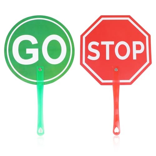 Ouligay 2 Pack Double Sided Stop Signs, Stop and Go Sign with Handle, Reflective PVC Traffic Signs for Kids, Waterproof, Easy to Assemble,