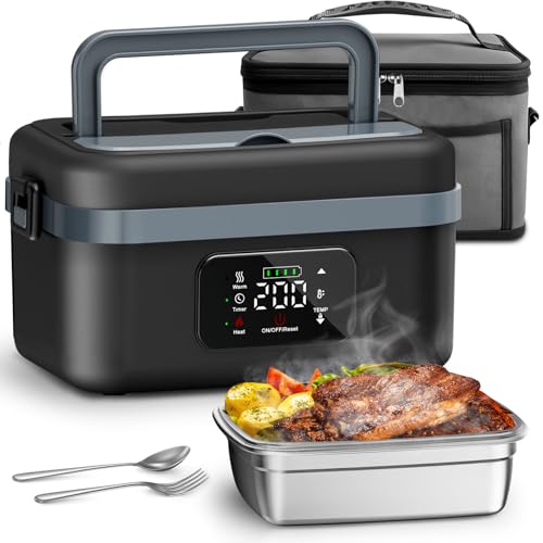 Angju Electric Lunch Box for Adults Cordless Food Warmer with Timer & Adjustable Heating Portable Food Heater with 1L Container Rechargeable Self-Heating Lunch Box with Insulated Bag for Office Car