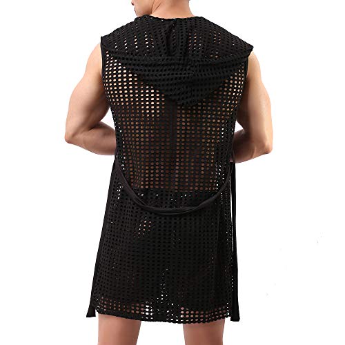 Crongless Men's Hollow Out Sexy Hooded Sleeveless Robes Bathrobes Mesh See-Through Lingerie Sleepwear Pajamas (Black, M) #TOP1
