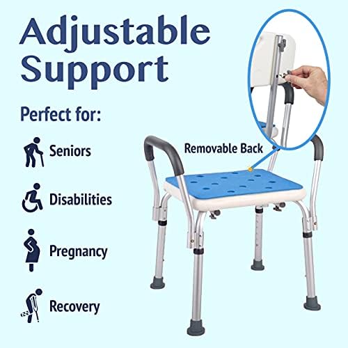 Medokare Shower Seat - Adjustable, Padded Shower Stool with Back Rest - Bath Chair for Elderly Adults & Seniors with Handles and Tool-Free Assembly, White